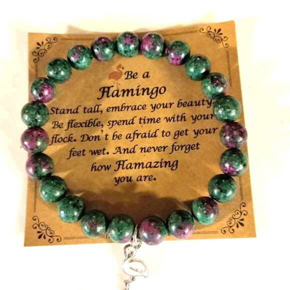 Pink Flamingo Charm Bracelet Flamazing Inspiration Stretch Green Stone Bead - Picture 1 of 9